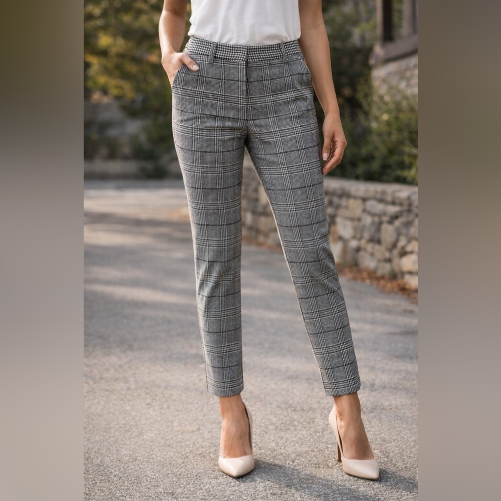 Marella Plaid Slim Ankle Pants Black White Houndstooth Stretch Trousers Sz 4